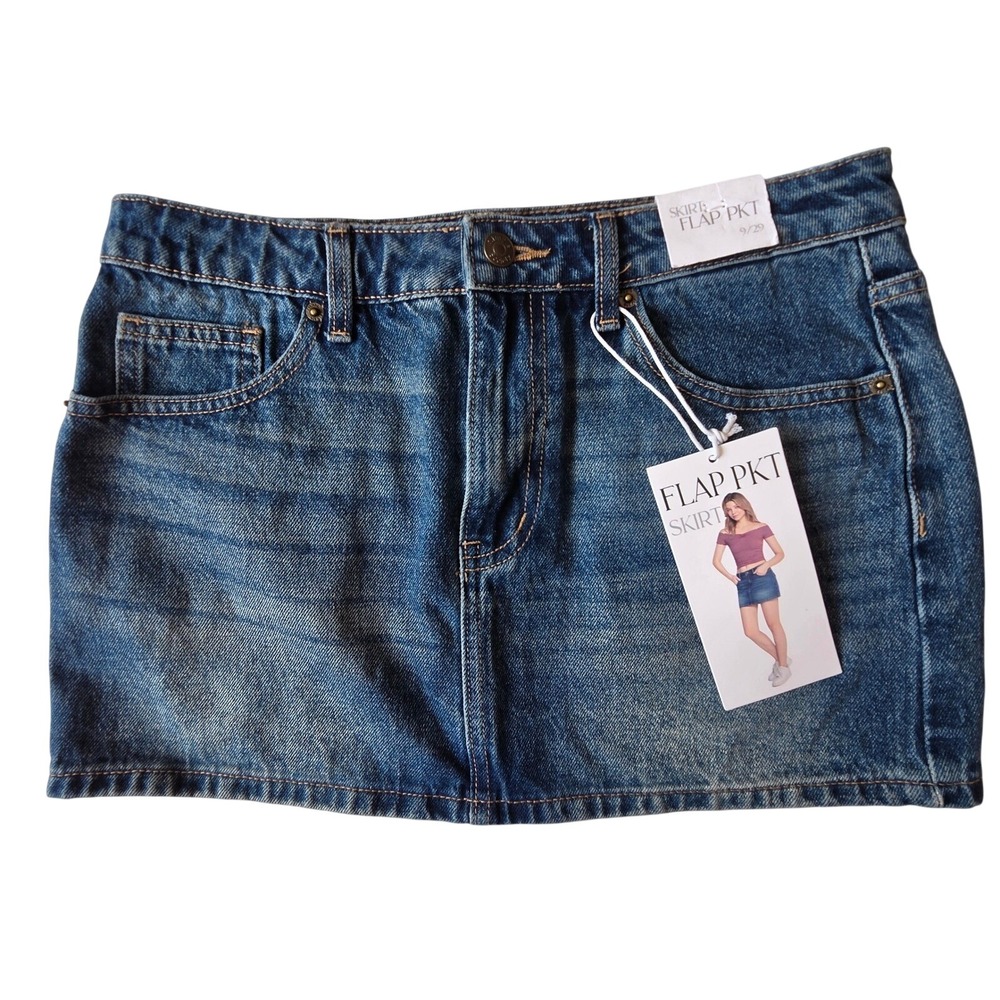 Simple Society Womens Medium Wash Denim Mini Skirt Size 9/29 Blue Flap Pkt NEW